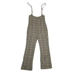 Womens High Rise Wide Leg Pants With Straps Overalls Brown Houndstooth Stretchy
